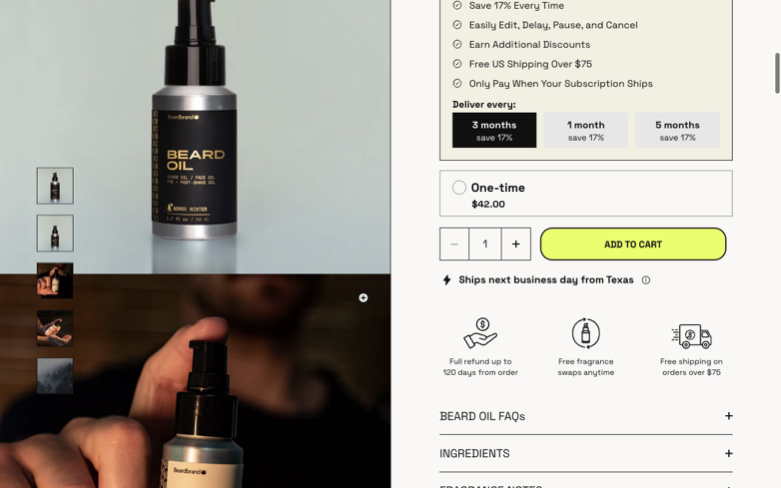 Beardbrand page where the agent's errand stalled — the last screen before it stopped