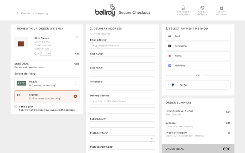 Bellroy page where the agent's errand stalled — the last screen before it stopped