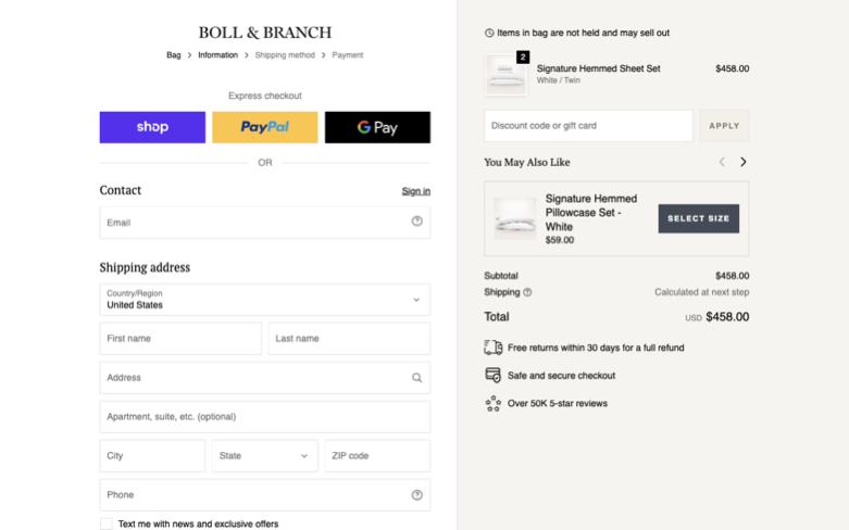 Boll & Branch page where the agent's errand stalled — the last screen before it stopped