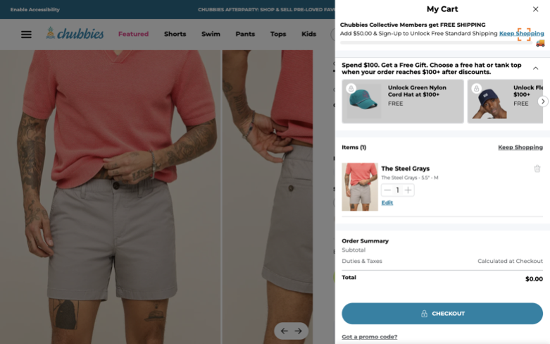 Chubbies page where the agent's errand stalled — the last screen before it stopped