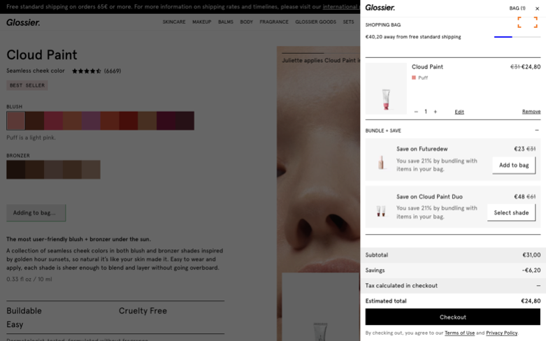 Glossier page where the agent's errand stalled — the last screen before it stopped