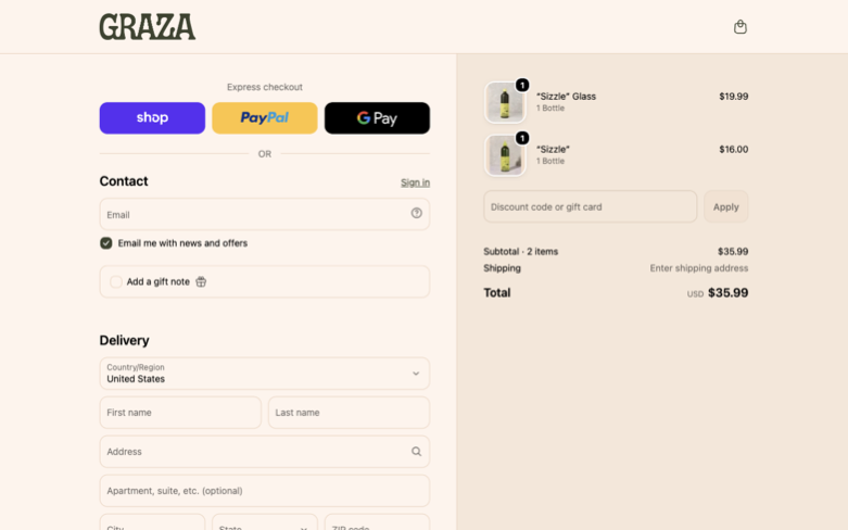 Graza page where the agent's errand stalled — the last screen before it stopped