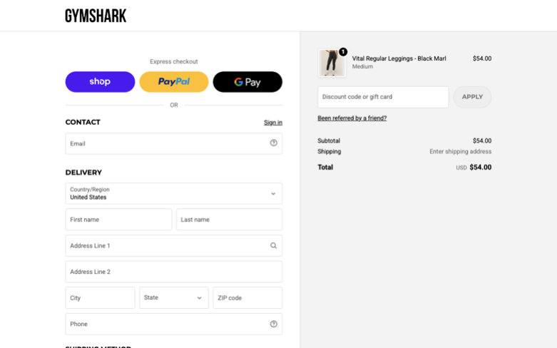 Gymshark page where the agent's errand stalled — the last screen before it stopped