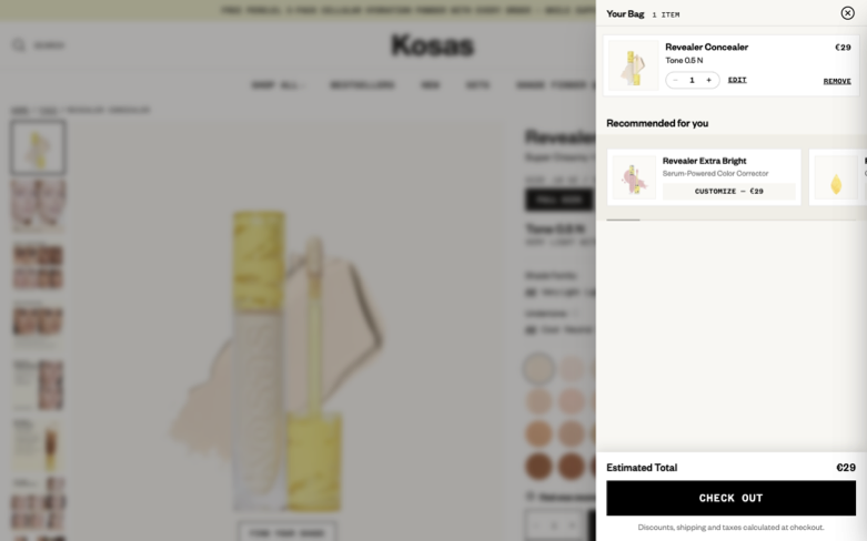 Kosas page where the agent's errand stalled — the last screen before it stopped