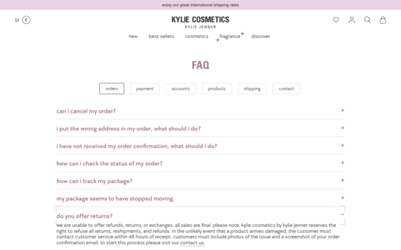 Kylie Cosmetics page where the agent's errand stalled — the last screen before it stopped