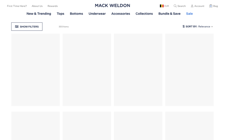 Mack Weldon page where the agent's errand stalled — the last screen before it stopped