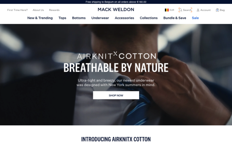 Mack Weldon page where the agent's errand stalled — the last screen before it stopped