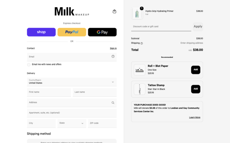 Milk Makeup page where the agent's errand stalled — the last screen before it stopped