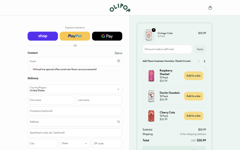 OLIPOP page where the agent's errand stalled — the last screen before it stopped