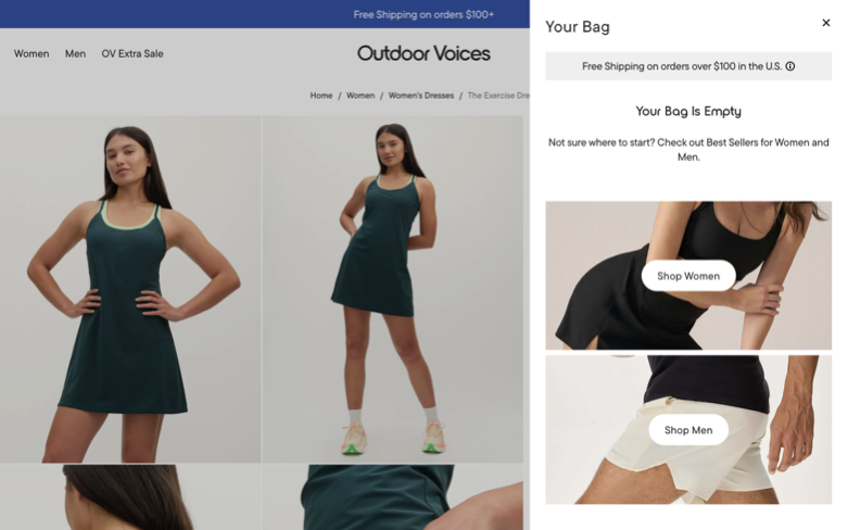 Outdoor Voices page where the agent's errand stalled — the last screen before it stopped
