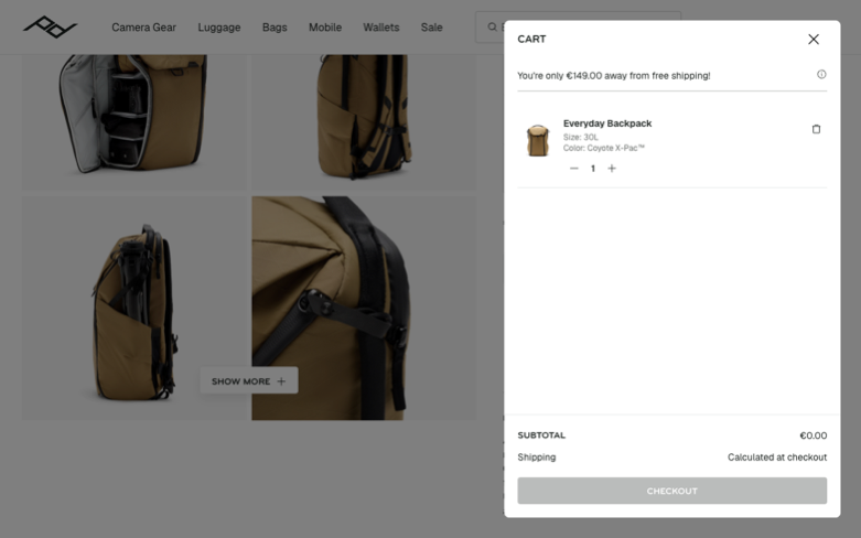 Peak Design page where the agent's errand stalled — the last screen before it stopped