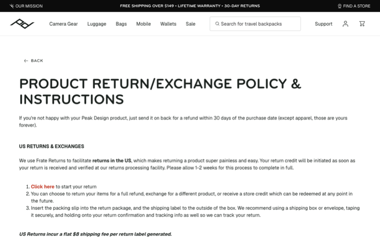 Peak Design page where the agent's errand stalled — the last screen before it stopped