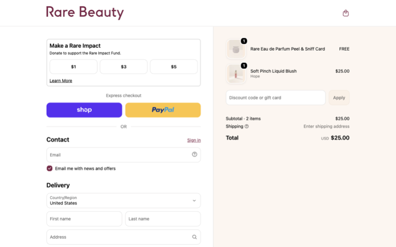 Rare Beauty page where the agent's errand stalled — the last screen before it stopped