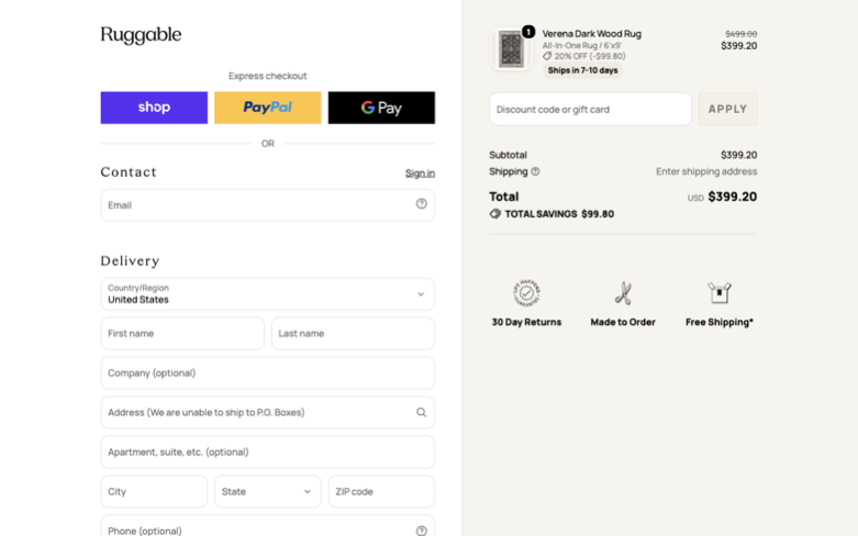 Ruggable page where the agent's errand stalled — the last screen before it stopped