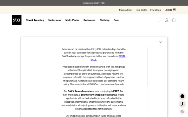 SAXX page where the agent's errand stalled — the last screen before it stopped
