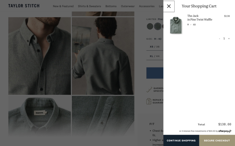 Taylor Stitch page where the agent's errand stalled — the last screen before it stopped
