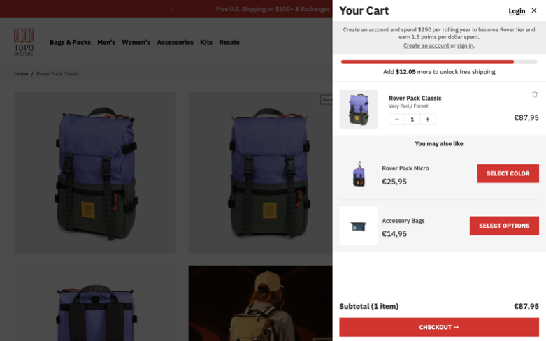 Topo Designs page where the agent's errand stalled — the last screen before it stopped